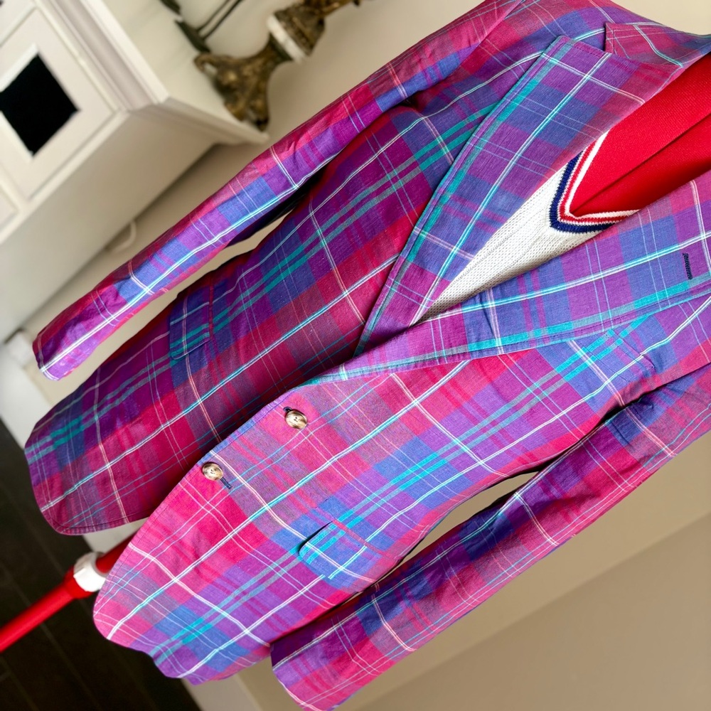 Vibrant Pink & Purple Plaid Men's Blazer - Picture 5 of 16